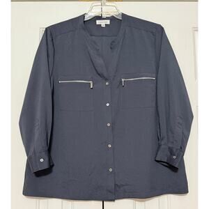 Calvin Klein Gray Metallic Shimmer Long Sleeve Blouse, Size XL